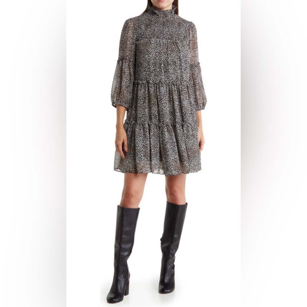 Leopard Print Long Sleeve Babydoll Dress